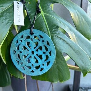 Carved Wooden Pendant on Leather Statement Necklace NWT